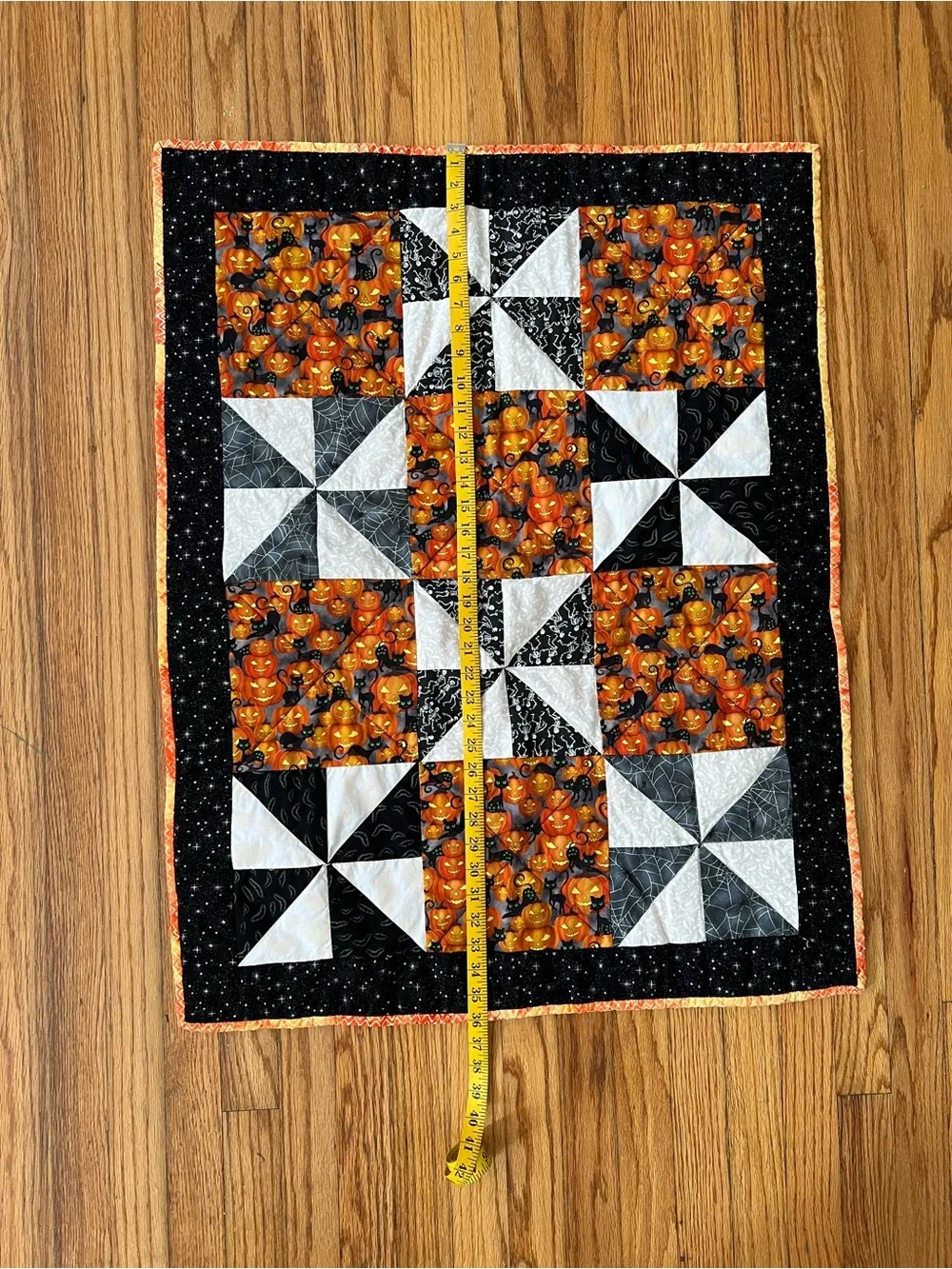 Handmade Halloween Quilt Black Cat Jack O Lantern Pumpkin Pinwheel Wall Hanging